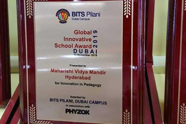 Maharishi Vidya Mandir Hyderabad, was recognised with the Global Innovative School Award 2019, by BITS Pilani, Dubai. The award presented under the category 'Innovation in Pedagogy', was received by Principal, Mrs. Vasanthy Parasuraman, at Dubai, at a gala function held in BITS Pilani Campus, on Saturday 23 November 2019, from the institute 's Director Dr. R.N. Saha.