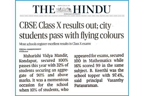 MVM HYDERABAD: CBSE Class X results. The school Maharishi Vidya Mandir Hyderabad secured 100% results. B. Keerthi tops the school with 97.4%. Many students scored 100 out of 100 in Mathematics.