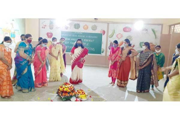 Traditional Bhathukamma pooja dance during Navaratri festival by members of MWPM - SDM coinciding with its foundation day celebration held at MVM Hyderabad on 21 October 2020.